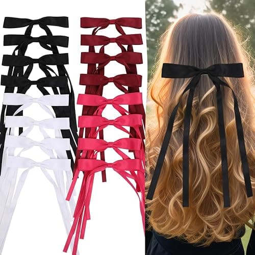 WORTL Hair Bows Clips Coquette Ribbon Bowknot with Long Tail Princess Hair Bows French Barrettes Hair Accessories for Women Girls 16PCS (Wine Red, Rose red, White, Black) thumbnail 8
