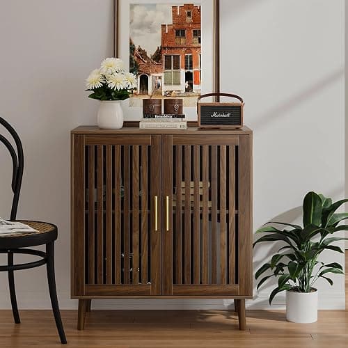 Morwdxef Buffet Cabinet with Storage Walnut Sideboard with Grille Doors&Adjustable Shelf, Wood Coffee Bar Storage Cabinet for Kitchen Living Room Entryway (31.5 Inch) thumbnail 3