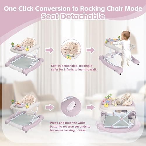 Foldable Baby 5-in-1 Activity Walker - Rocker, Activity Center, Bouncer, Seat Walker, Push Walker - Adjustable Speed Rear Wheels and Height Toys Ages 6-18 Months… (Purple) thumbnail 5