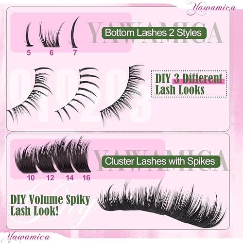 Yawamica Volume Lash Clusters with Bottom Lashes Wispy Eyelash Clusters Built in Spikes 10-16mm Fluffy Cluster Lashes D Curl Individual Lashes with 5-7mm Bottom Lash Extension DIY Spiky Salon Lash thumbnail 2