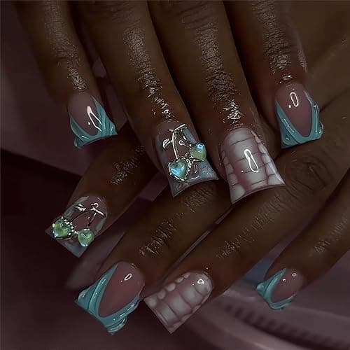 French Tip Press on Nails Duck Nails Press on Medium Fake Nails with 3D Water Ripple Designs Glue on Nail Charms Full Cover Glossy False Nails for Women Acrylic Nail 24Pcs - Image 1