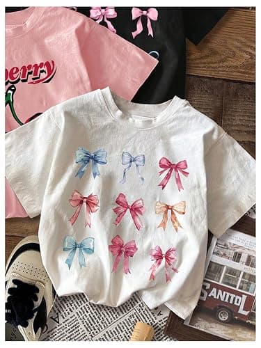 RoseSeek Girl's Bow Cherry Graphic Tees Short Sleeve Crewneck Cute T Shirts Tops for Teens Summer Tops thumbnail 3