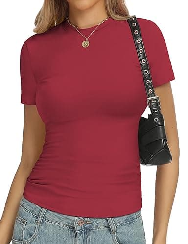 YOGINGO Womens Basic Short Sleeve Crew Neck T Shirt Slim Fit Tees Summer 2025 Y2k Going Out Fitted Top Cute Tight Shirts