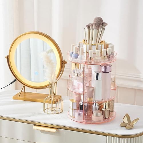 SUNFICON Rotating Makeup Holder Organizer Crystal Pink 360 Rotation Cosmetic Storage Stand Acrylic Makeup Turntable Spin Display Stand Bathroom Vanity Dressing Table Gift Girl Ladt Women thumbnail 2