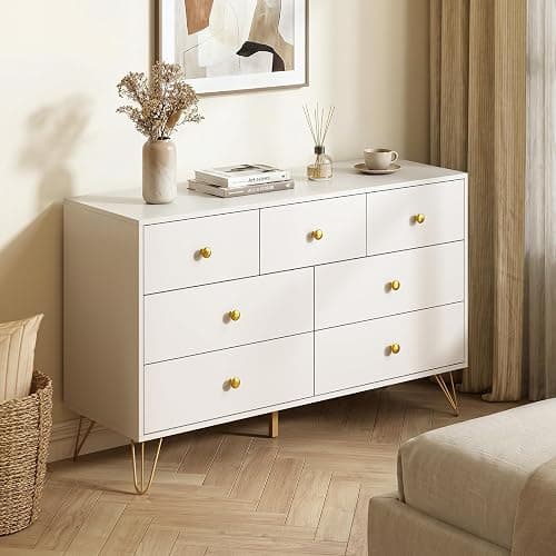 Tradare White Dresser for Bedroom, Modern 7 Drawer Dresser with Gold Handles and Metal Legs, White and Gold Dressers & Chest of Drawers for Hallway, Entryway thumbnail 5