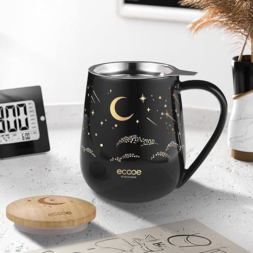 ecooe Teetasse mit Deckel und Sieb - 600 ml Keramik Tee Tasse Große Teetassen mit Edelstahl Teesieb und Deckel, Schwarz Keramik Teebecher Set mit Henkel für Losen Tee thumbnail 2