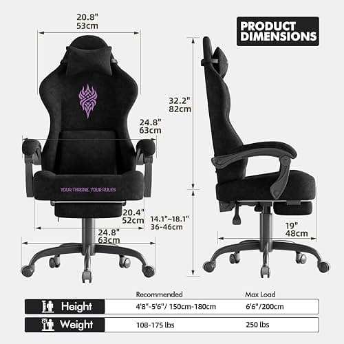 Soontrans Black Velvet Fabric Gaming Chairs with Footrest, Ergonomic Comfortable Video Gamer Chair, Reclining Office Computer Desk Game Chairs with Massage Lumbar Cushion,Headrest for Adult thumbnail 2