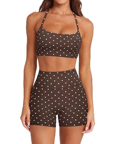 SUUKSESS Women 2 Piece Workout Sets Padded Halter Sports Bras High Waisted Biker Shorts with Pockets - Image 1