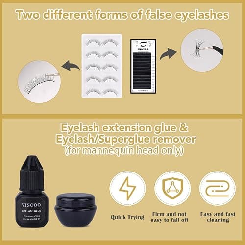 Eyelash Extension Kit for Beginners, Professional Lash Extension Kit with Mannequin Head, Lash Starter Kit with Lash Fan, Lash Extension Supplies for Practice Training Kit(Black) thumbnail 5