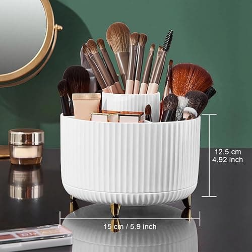 Diesisa Makeup Brush Holder Organizer,360° Rotating Makeup Brush Organizer,5 Slot Make up Brushes Cup for Cosmetics, Nail Polish, Art Supply, Bathroom Vanity Desktop Organizer - White thumbnail 4