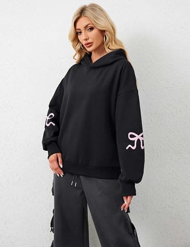 OLAPTA Women Oversized Bow Trim Print Hoodies Long Sleeve Fleeced Casual Graphic Pullover Trendy Fall Hooded Sweatshirts Top thumbnail 2