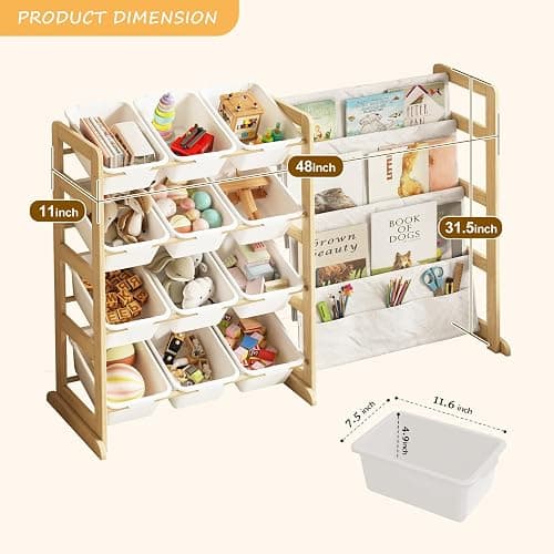 EXPERLAM Toy Storage Organizer with Bookshelf, Kids Toy Organizer and Storage Shelf with 12 White Bins, Solid Pine Wood Book Rack for Playroom, Nursery, Kids Room, Toys and Books thumbnail 3