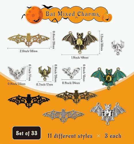 JIALEEY 33PCS Bat Charms Mixed Halloween Spooky Flittermouse Flying Vampire Bat Connector Charms Pendants DIY for Jewelry Making Crafting thumbnail 2