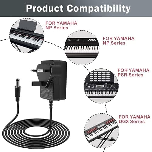 12V Power Adapter for Yamaha Keyboard, piano keyboard charger for yamaha DC/AC 12V 2A Power Supply Charger for PSR DGX YPG YPT DD, EZ, P Series Electronic Piano, 1.5m Cable thumbnail 3