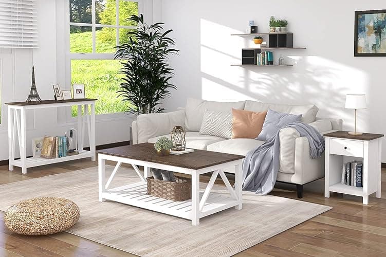 ChooChoo Farmhouse Coffee Table, Rustic Vintage Living Room Table with Shelf, 40 White thumbnail 7