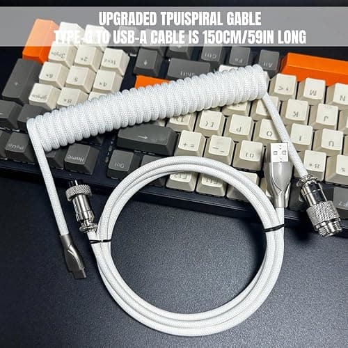 USB C Coiled Keyboard Cable - Gaming Keyboard Coil Cord ,Custom Type Braided Mechanical Keyboard Cable With Detachable Metal Aviator Wire, 1.5M USB-C to USB-A, Computer Decoration Keyboard Wire White thumbnail 6