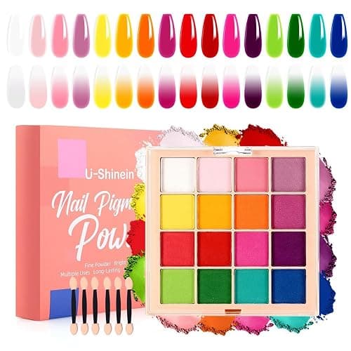 Nail Pigment Powder Palette Set, 16 Colors Ombre Nail Powder Palette French Aura Nails Ombre Nail Brush Nail Long-lasting Manicure Art DIY Accessories (06) - Image 1