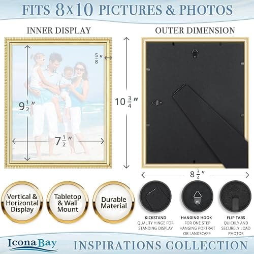 Icona Bay 8x10 Picture Frames (Gold, 6 Pack), Beautifully Detailed Molding, Contemporary Picture Frame Set, Wall Mount or Table Top, Inspirations Collection thumbnail 3