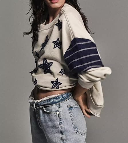 NEVUQO Women Teen Girls Cute Oversized Crewneck Sweatshirt Y2k Star Seashell Graphic Long Sleeve Sweatshirt Preppy Clothes thumbnail 2