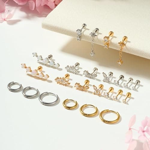 Incaton 20G Cartilage Piercing Jewelry Flat back Helix Earrings for Women Hypoallergenic Surgical Steel Gold Cartilage Hoop Earring Set Daith Tragus Conch Flat Back Stud Earrings thumbnail 2
