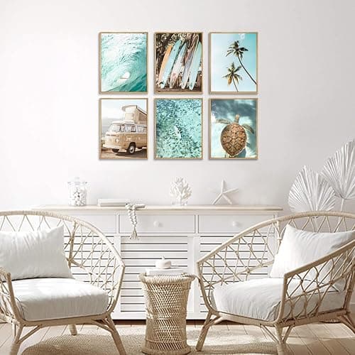 Laywhq Coastal Beach Wall Art Summer Ocean Surf Tropical Canvas Wall Decor Summer Nautical Palm Tree Turtle Surfboard Bus Room Paintings Prints Posters for Bedroom Living Room Set of 6 8x10in Unframed thumbnail 7