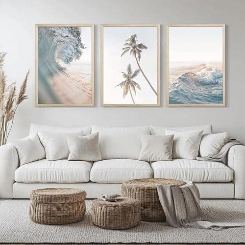 Beach Wall Art Pictures Coastal Canvas Wall Decor Ocean Waves Poster Blue Beach Scene Artwork Palm Tree Art Coastal Landscape Prints for Living Room Bedroom 12x16 Inch Framed Set of 3 thumbnail 6