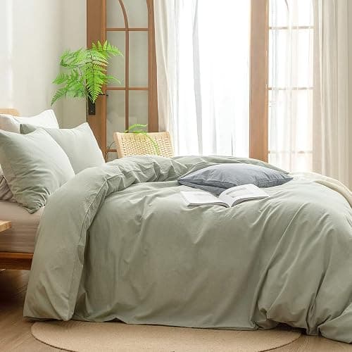 BESTOUCH Duvet Cover Set 100% Washed Cotton Linen Feel Super Soft Comfortable Chic Lightweight 3 PCs Home Bedding Set Sage Green Queen thumbnail 3