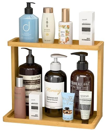PEKER Bamboo Bathroom Organizer Countertop – Small Vanity Storage Shelf for Makeup, Perfume, Skincare – Natural Cosmetics Display Rack for Dresser, Sink, Kitchen – Natural - Image 1
