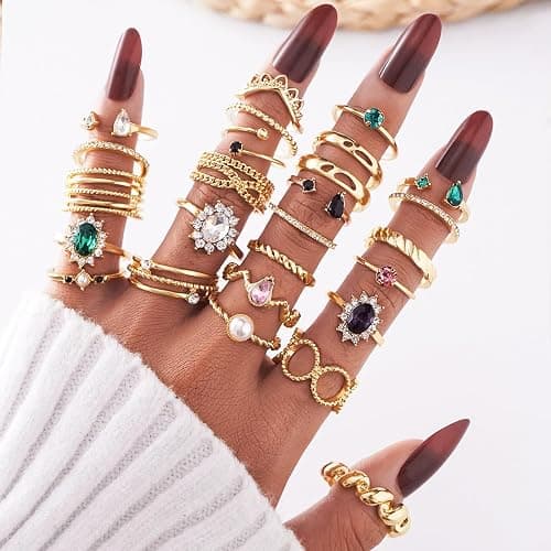 Gold Boho Sparkle Knuckle Rings Set For Women, Vintage Fashion Aesthetic Trendy Joint Snake Ring Pack, Retro Green Black Pink Colorful Rhinestone Star Crystal Leaf Diamond Pearl Jewelry thumbnail 6