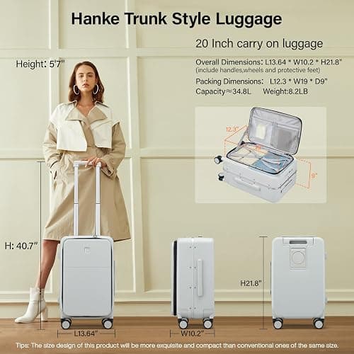 Hanke 20 Inch Carry On Luggage with Cup Holder and Charge,Top Opening Hard Shell Suitcases with Wheels and Dividers,Aluminum Frame Trunk Luggage Small Suitcase with Lock for Travel,Smoke White thumbnail 2