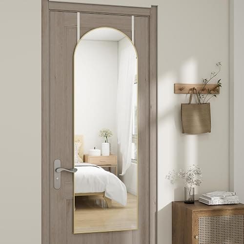 JAWGLOW Arched Full Length Door Mirror 14x48, Metal Frame with Protective Film, No-Drilling Hanging or Wall Mount, Hooks & Hardware Included, Full Body Mirror for Bedroom, Dorm, Gold thumbnail 3