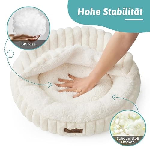 COZY KISS Katzenbett mit Decke 50x50x15cm - Flauschige Kleine Katzenhöhle - Kissen, Runde kleine Hundebett mit Rutschfester Unterseite, Katzensofa mit Kopfstütze aus Kunstfell, Waschbares, Creme thumbnail 5