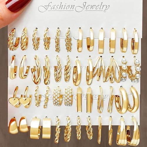 16-24 Pairs Gold Silver Black Earring Set for Women, Chunky Earring Multipack Punk Trendy Big Small Stud Hoop Earring Lightweight Twisted Pearl Ear Pack For Daily Birthday Party Gift thumbnail 6
