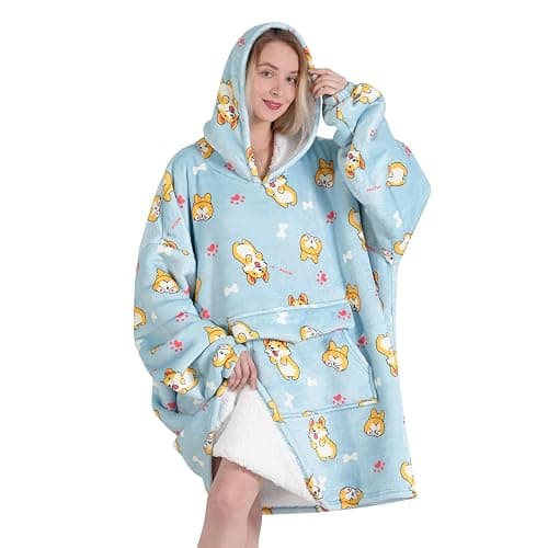 Fiosnow Corgi Blanket Hoodies for Women and Men Adult Oversize Wearable Blanket Hoodies for Soft and Warm - Light Blue Corgi - Adult thumbnail 4