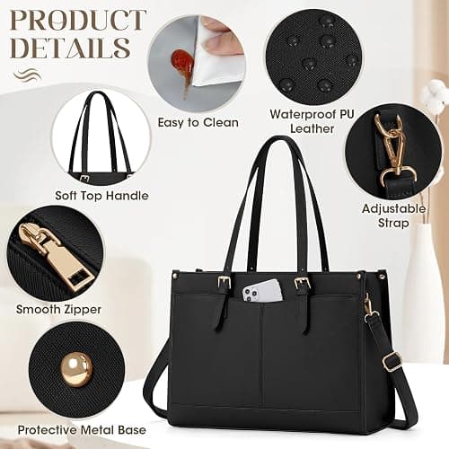 Lunch Tote Bag for Women 15.6 Inch Laptop Bag with Insulated Lunch Compartment Leather Quilted Computer Tote for Teacher Work thumbnail 6