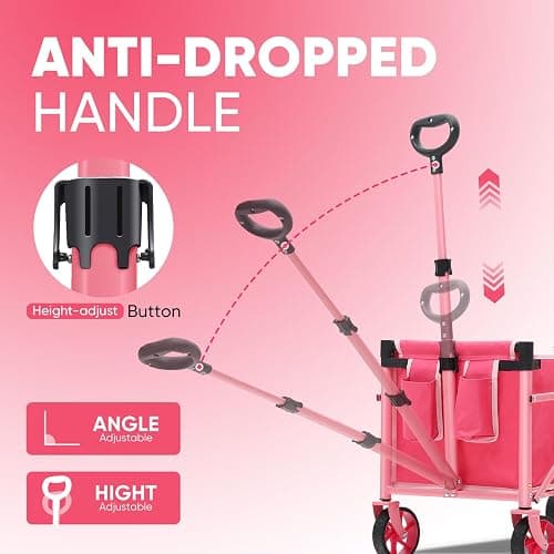 Heavy Duty Wagon with Big Wheels, Foldable Cart with 220LBS Capacity, Utility Lightweight Wagon, Collapsible Grocery Shopping Cart for Camping Sports & Holiday. Pink thumbnail 5