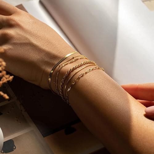 Amicon Gold Bracelets for Women,Dainty 14K Gold Plated Stack Set Trendy Stackable non tarnish Paperclip Chain Bracelets Gold Jewelry Sets Gifts for Women thumbnail 5