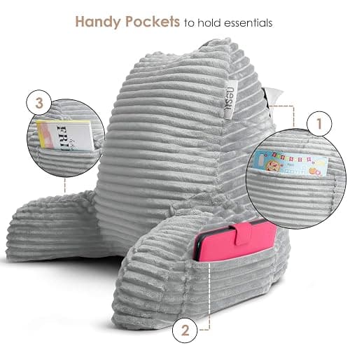 Nestl Reading Pillow with Shredded Memory Foam, Luxe Cut Plush Back Pillow for Sitting Up in Bed, Back and Arms Adjustable Support for Adult & Teens, Backrest Pillows with Washable Cover Light Grey thumbnail 7