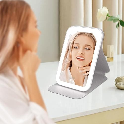 Kintion Travel Makeup Mirror, 6.3"*4.25"Rechargeable Portable LED Lighted Makeup Mirror, 3 Colors Touch Dimmable Tabletop Makeup Mirror, for Outdoor Travel, Women Gift, White thumbnail 2