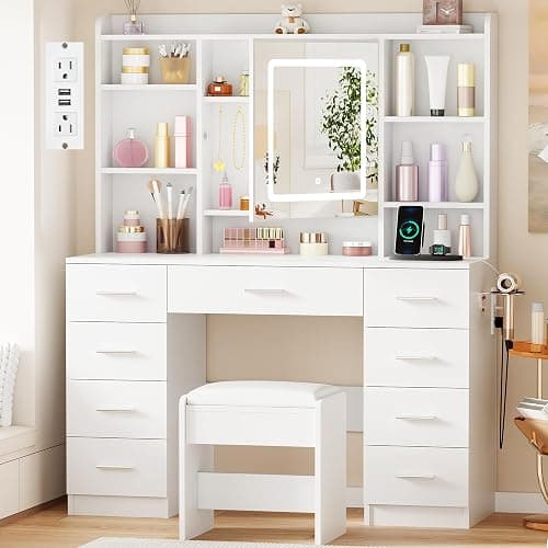 BEWISHOME Vanity Desk with Mirror and Lights, Makeup Vanity Table with Power Outlet,Stool Vanity Table with 9 Drawers 6 Storage Shelves Jewelry Storage,Dressing Table for Bedroom Girls White FST36W - Image 1
