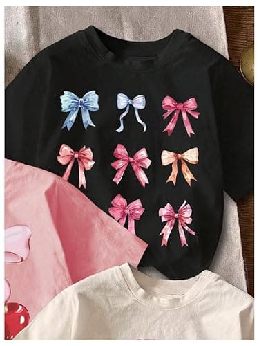 RoseSeek Girl's Bow Cherry Graphic Tees Short Sleeve Crewneck Cute T Shirts Tops for Teens Summer Tops thumbnail 4