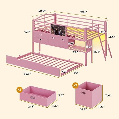 ADORNEVE Low Loft Bed Twin Size with Trundle & LED Lights, Kids Loft Bed with 4 Storage Drawers & Open Cubbies & DIY Pegboard, Twin Loft Bed with Safety Guardrail,Under-Bed Play Zone, Pink thumbnail 2