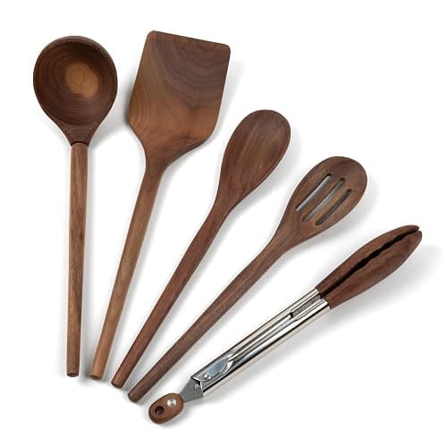 Salt & York 5-piece Walnut Wooden Kitchen Utensil Set - Includes Turner, Tongs, Slotted Spoon, Ladle, and 12" Spoon - Best Wooden Spoons for Cooking - Ideal for Nonstick Cookware thumbnail 3
