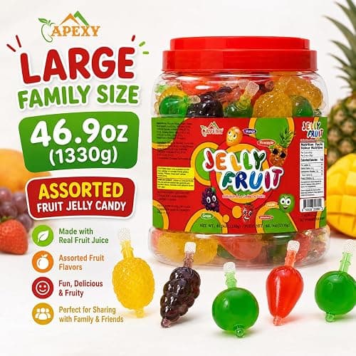 Apexy Jelly Fruit Candy – Assorted Fruit Flavors, Halloween Treat Juicy Chewy Gel Snacks, Kids & Adults Party Favors, Fun Treats for Goodie Bags & Events 46.9oz (1330g) thumbnail 2