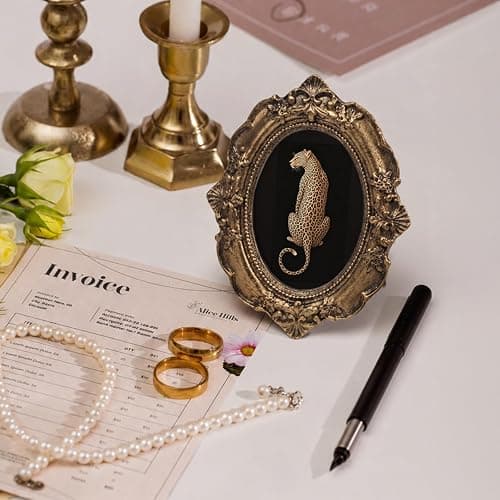 Dimurela Vintage Cheetah Leopard Small Oval Picture Frame, Dark Academia Black Bronze Photo Frame, Trendy Preppy Mini Tabletop Wall Decor Art for Shelf Desk Bedroom Living Room Girls Home 3.9x4.7in thumbnail 6