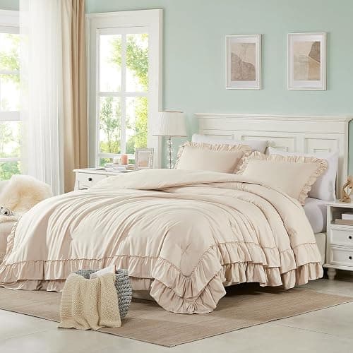 Cupocupa Beige Queen Comforter Set, 3Pcs Comforters Queen Size Ruffle Farmhouse Bedding Sets Queen with Comforter, Lightweight Soft Shabby Chic Bedding Comforter Set Fluffy for All Season - Queen - Beige - Image 1