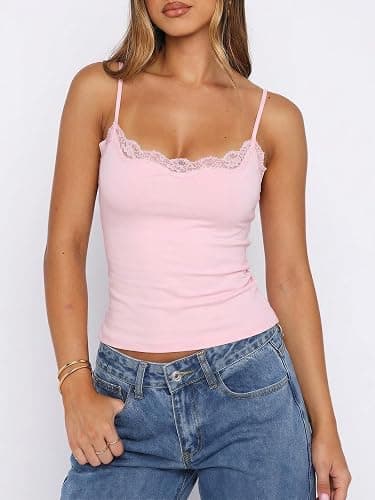 Xuiqx Womens Sexy Lace Cami Top Double Lined Spaghetti Strap Club Party Going Out Y2K Crop Tank Tops thumbnail 4