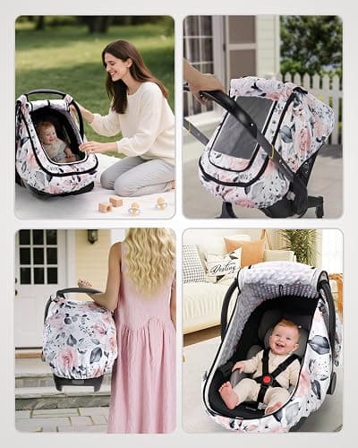 Sweetwavet Car Seat Cover Baby Girls, Infant Car Seat Canopy Outdoor, 2 Layers with Mesh and Sun Shade Window for Summer Winter, Easy Access Carseat Covers Snug Fit Baby Stroller - Pink Floral thumbnail 8