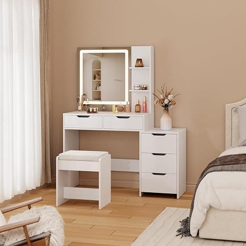 Aiho Makeup Vanity Desk with Mirror & Lights, 43.5" Table with 5 Drawers & Shelves, Adjustable Brightness & 3 LED Modes - Dressing Table Set for Bedroom, White thumbnail 7