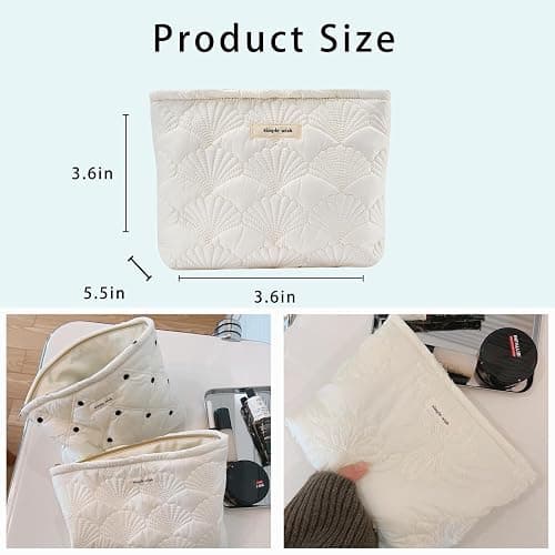uekeboag White Quilted Cotton Makeup Pouch,Coquette Quilted Toiletry Bag for Women and Girls, Floral Coquette Organizer Bag, Aesthetic Travel Cosmetic Bags(03White Shells) - 03White Shells thumbnail 3